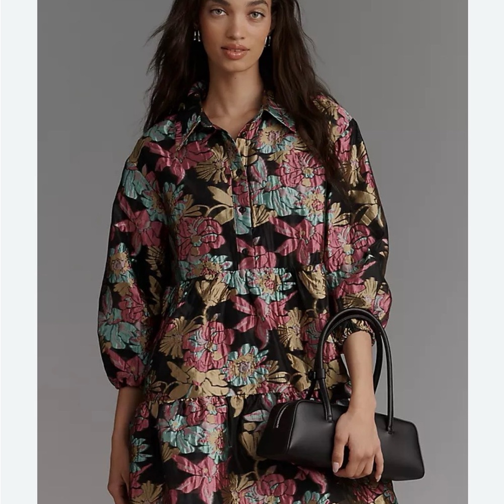 Anthropologie BETTINA TIERED JACARD MINI SHIRT DRESS Small (LIVE SHOW 4/9)